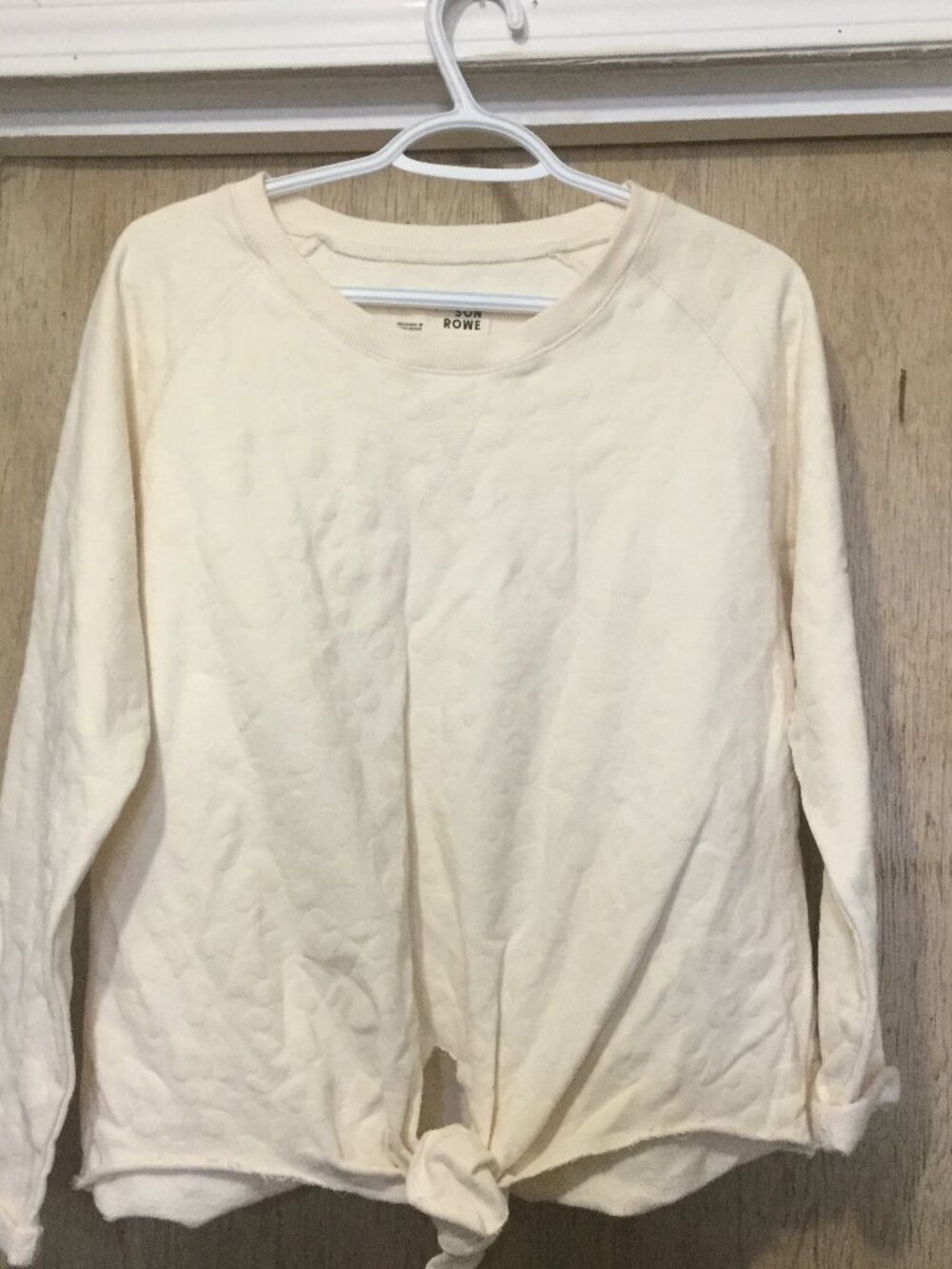 Jackson Rowe cream on cream animal print tie front crew neck size medium